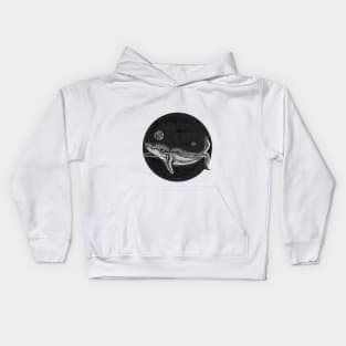 Hand inked whale with moon and northern light in the deep black ocean Kids Hoodie